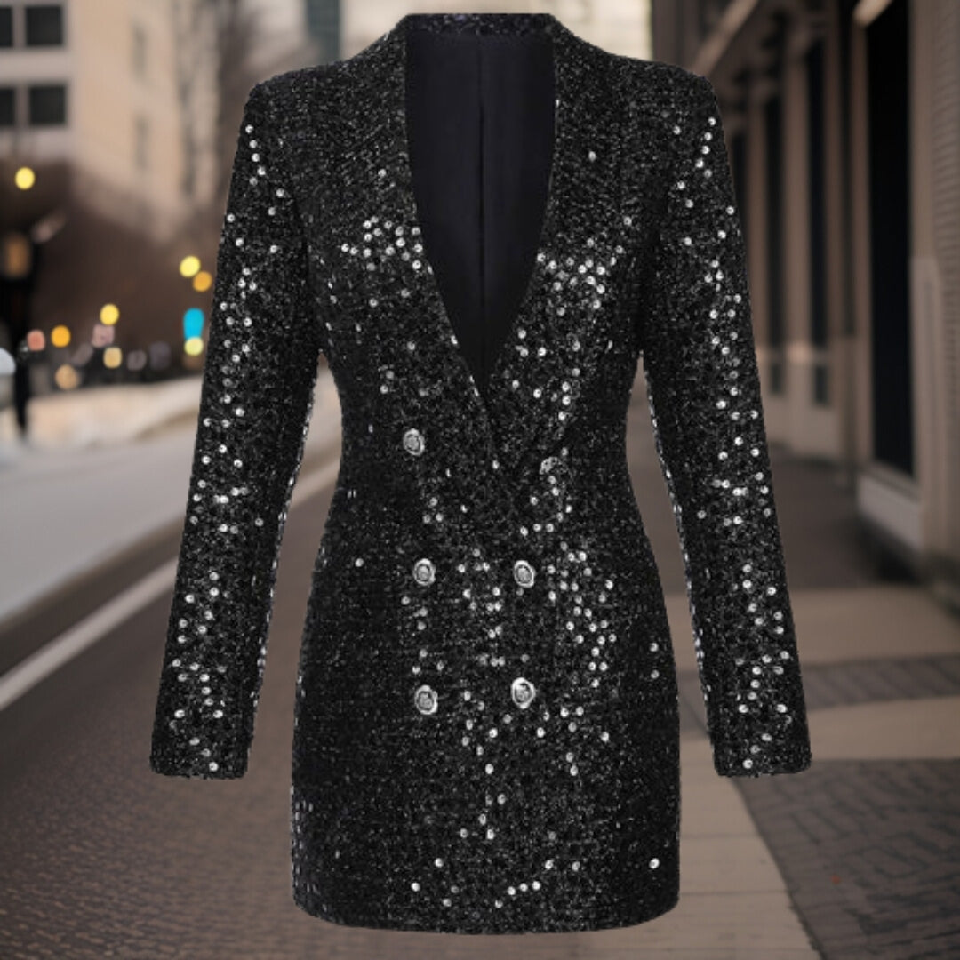 Women's Shiny Black Sequin Blazer with Buttons | Perfect for Casual Days