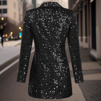 Women's Shiny Black Sequin Blazer with Buttons | Perfect for Casual Days